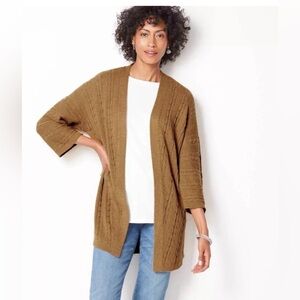J.Jill Open Front Cable Knit Cardigan Long Sweater, 3/4 Sleeves, Honey Brown, M